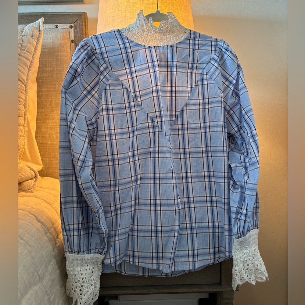 Brand NWT English Factory Plaid Lace Blouse SZ M